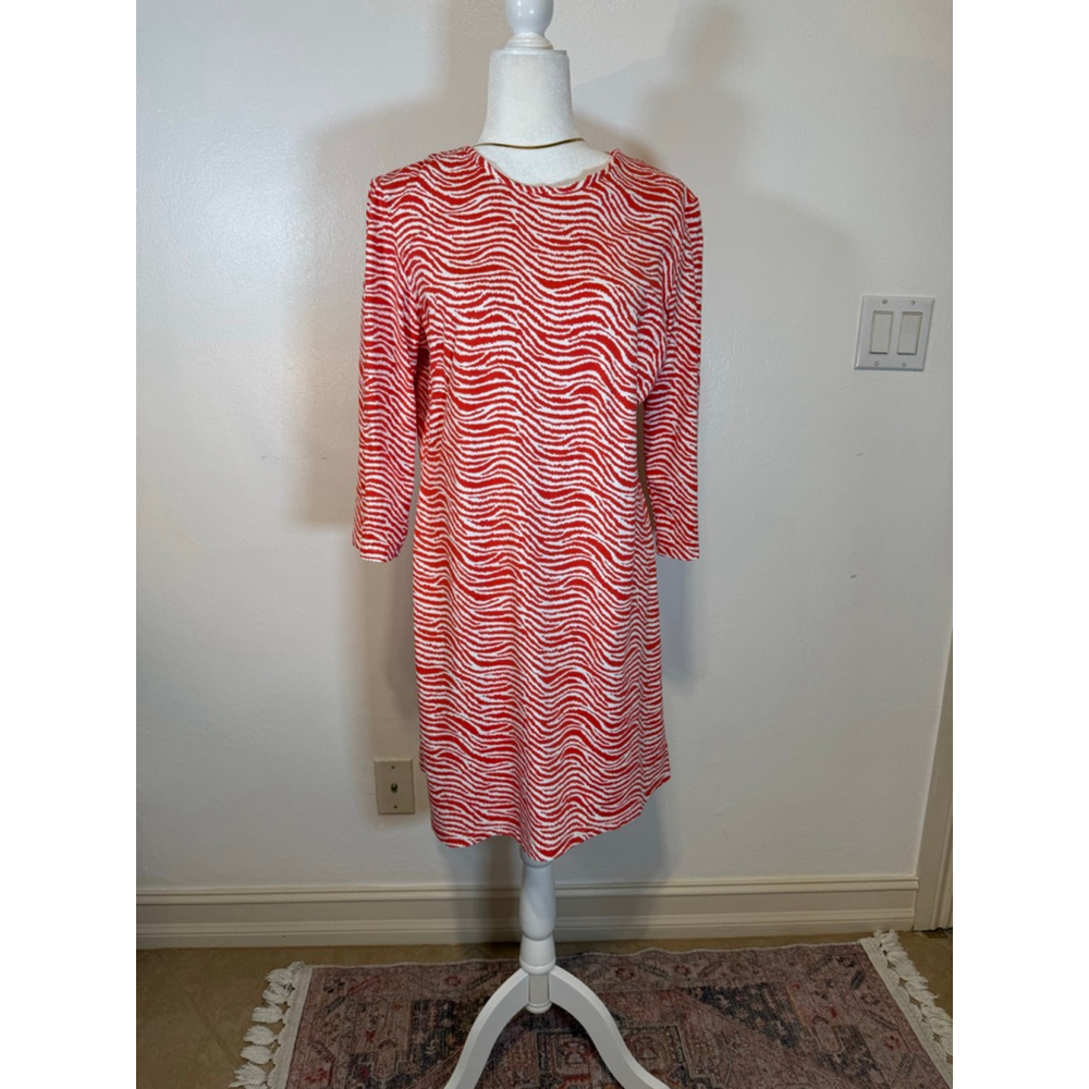 J.McLaughlin coral Red White Zebra Print Mini Dress L, back zip. Stretchy